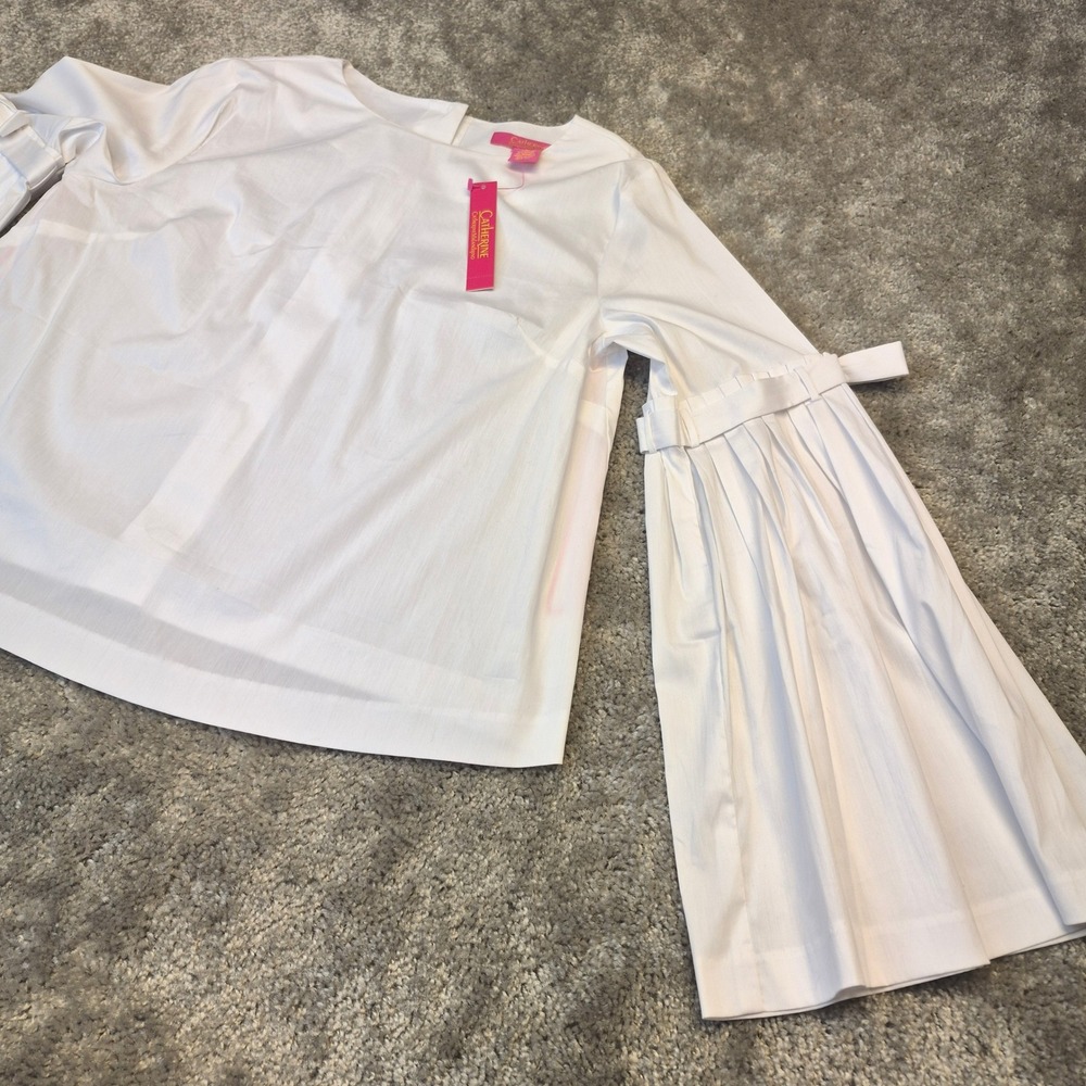 NEW Catherine Malandrino White Button Back Pleated Bell Sleeve Bow Blouse Medium